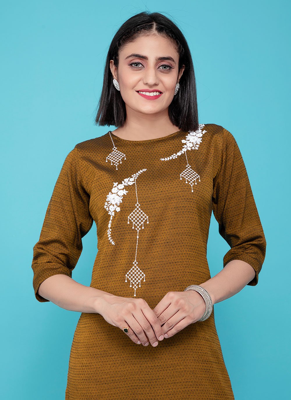 Designer Kurti Cotton Brown Print Kurtis