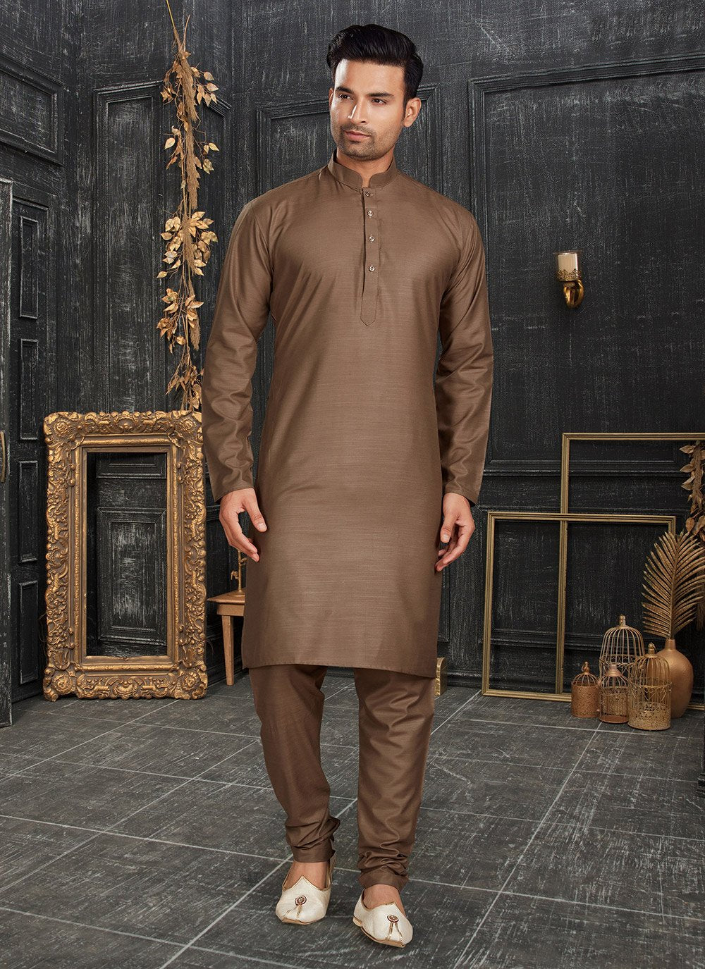 Kurta Pyjama Cotton Brown Plain Mens