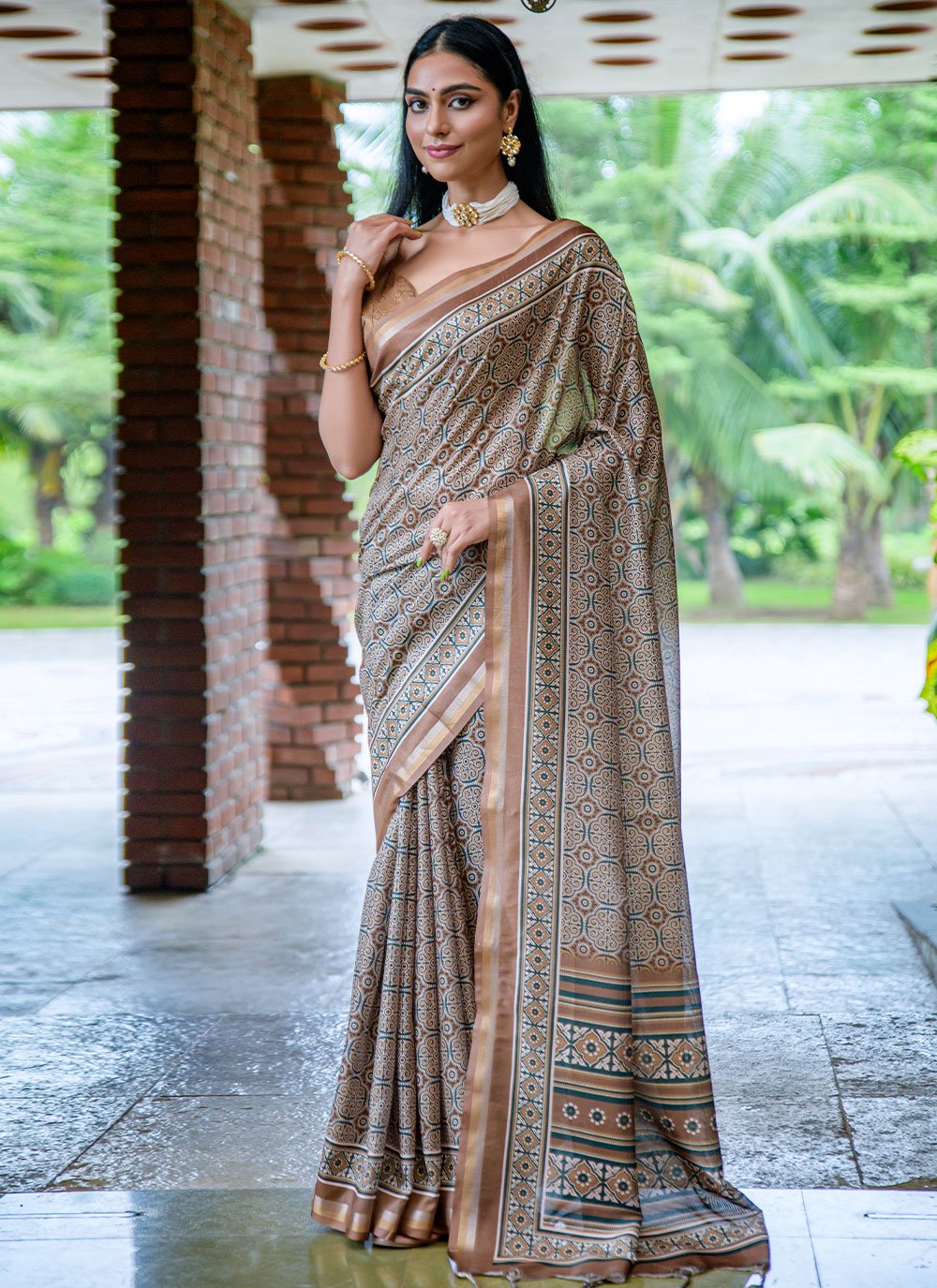 Contemporary Cotton Silk Brown Print Saree