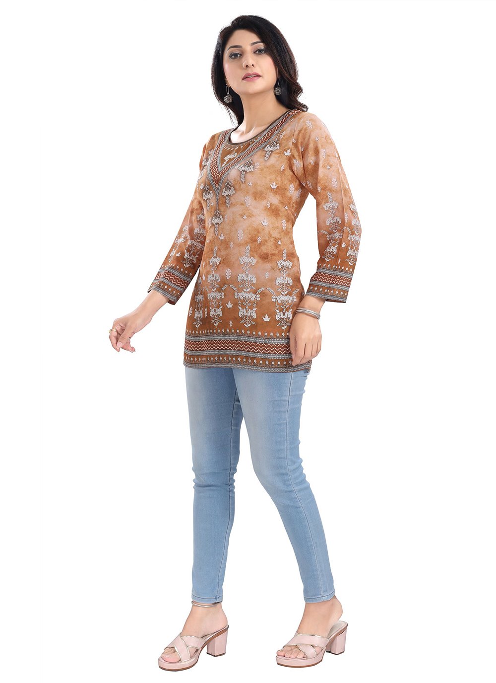 Designer Kurti Faux Crepe Brown Print Kurtis