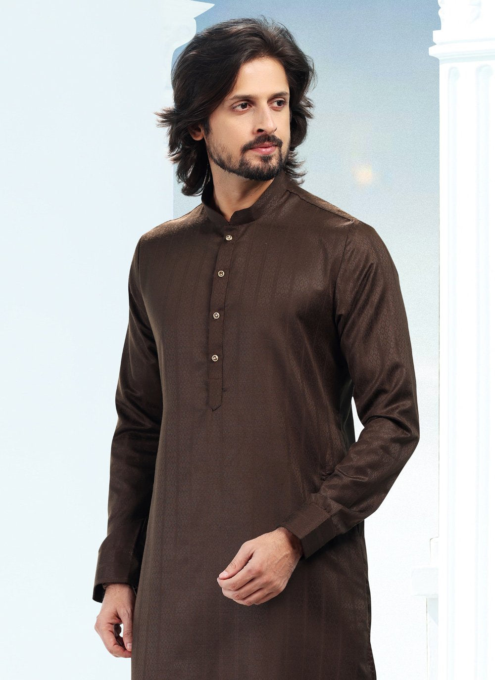 Kurta Pyjama Silk Brown Fancy Work Mens
