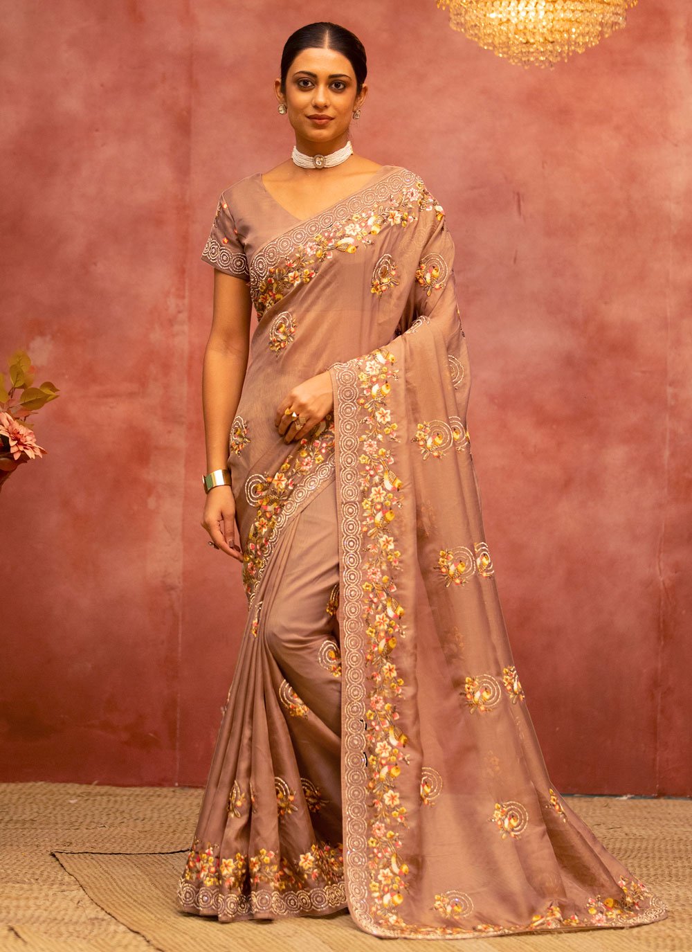 Classic Net Brown Embroidered Saree