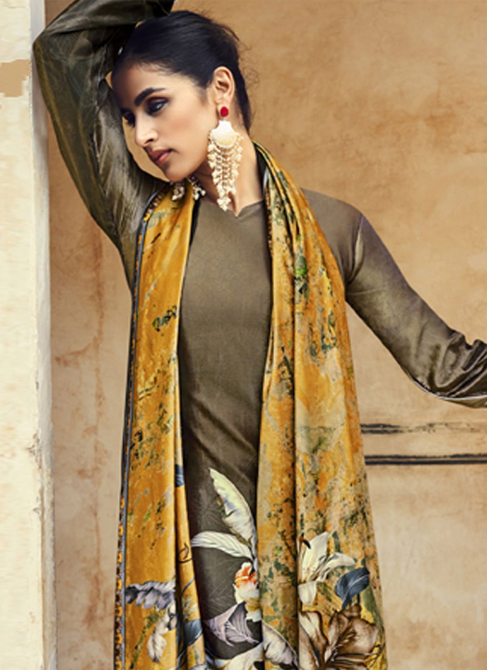 Trendy Suit Velvet Brown Digital Print Salwar Kameez