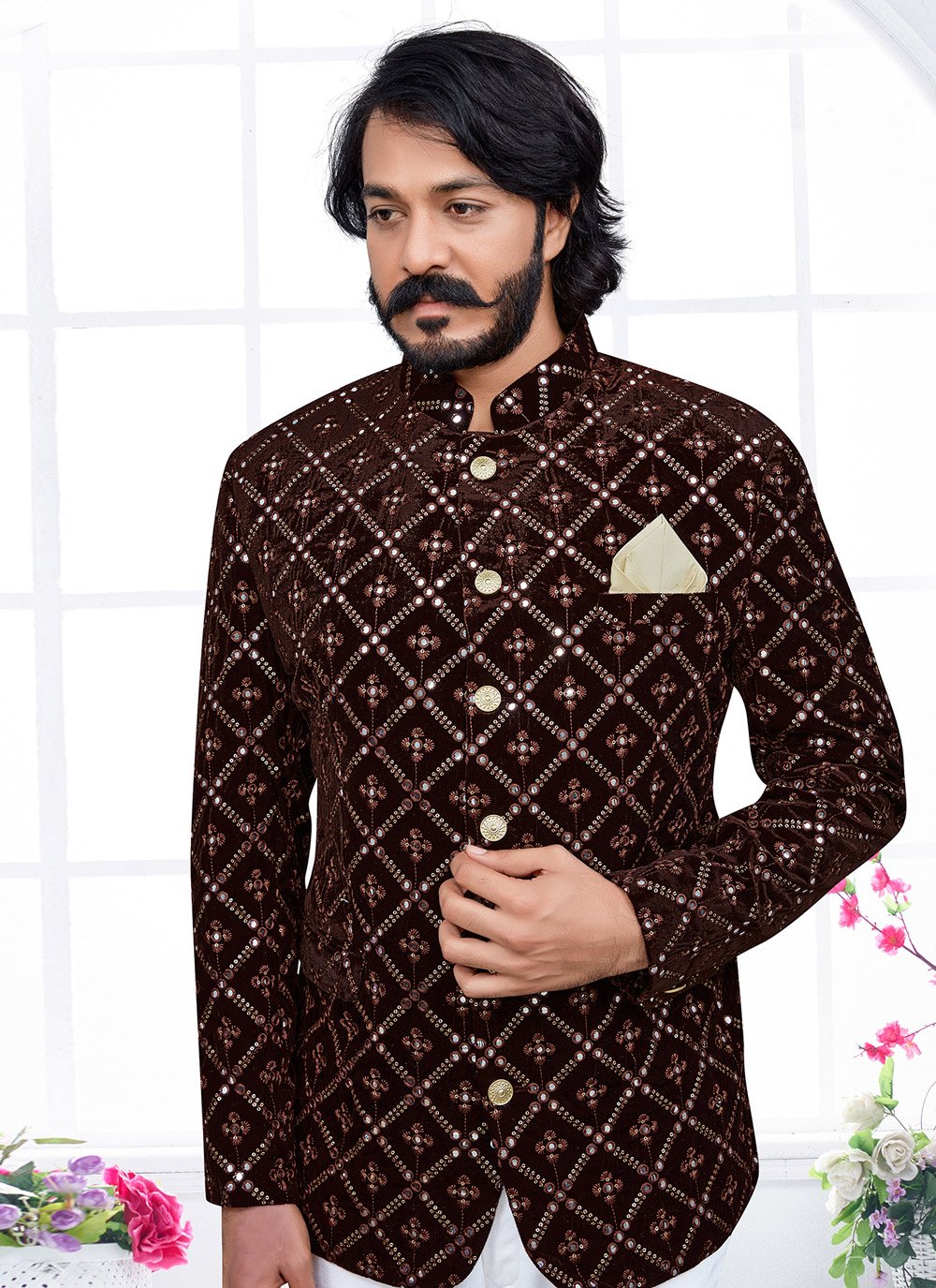 Jodhpuri Suit Velvet Brown Embroidered Mens
