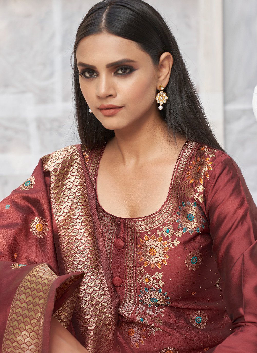 Pant Style Suit Banarasi Silk Brown Woven Salwar Kameez