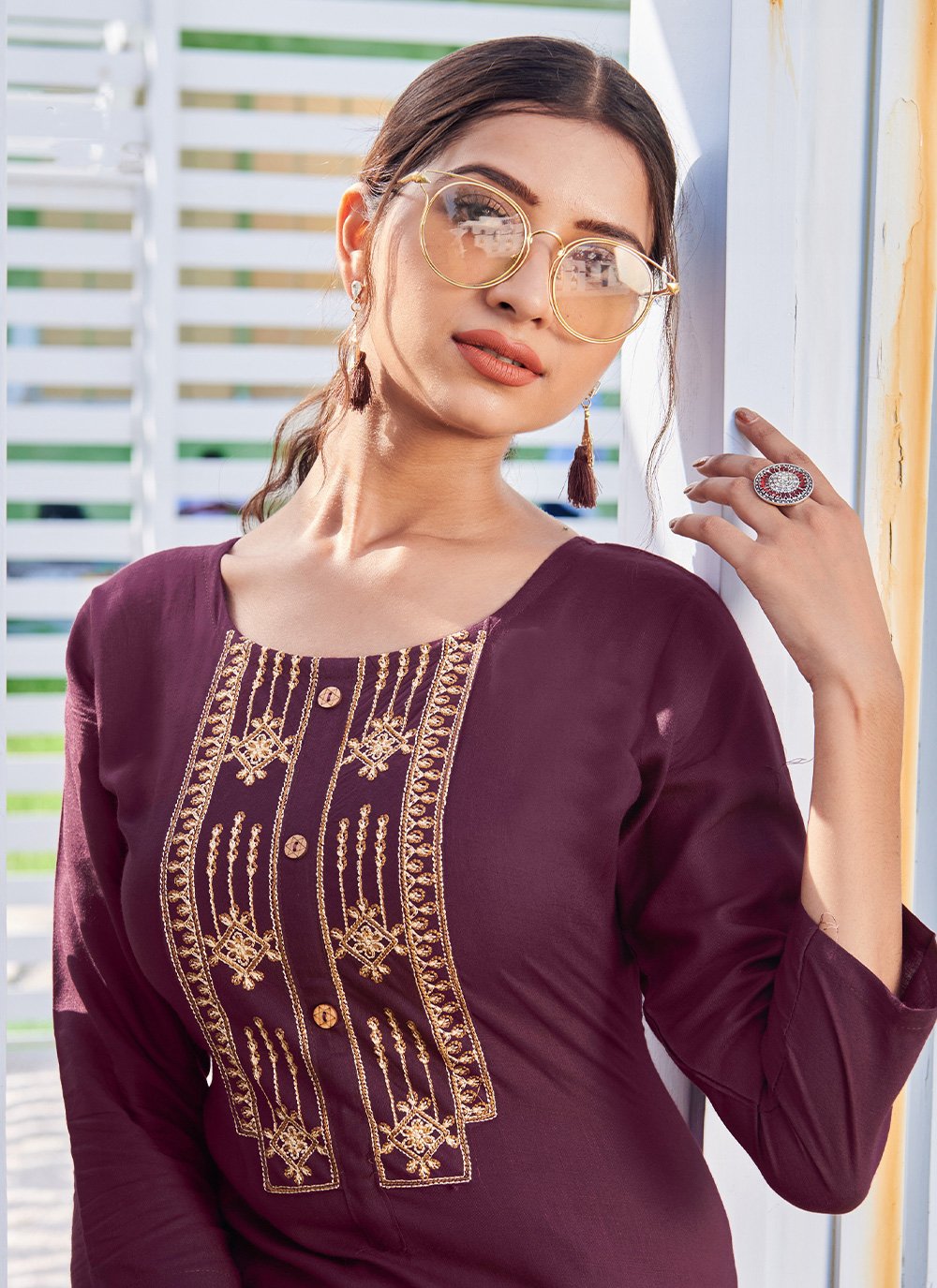 Designer Designer Kurti Rayon Burgundy Embroidered Kurtis