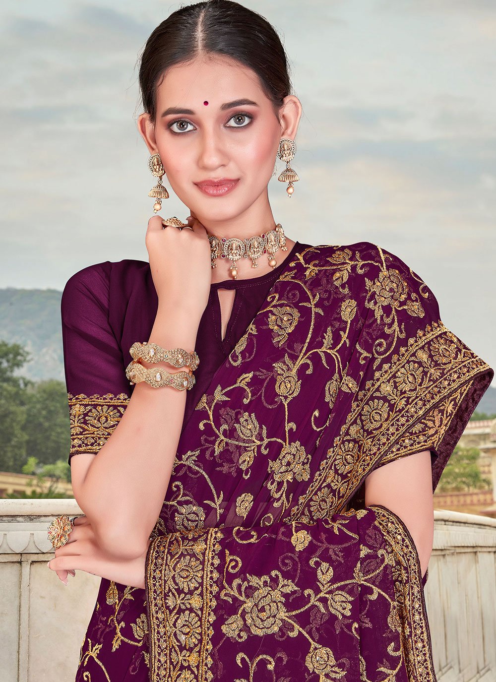 Classic Georgette Burgundy Embroidered Saree