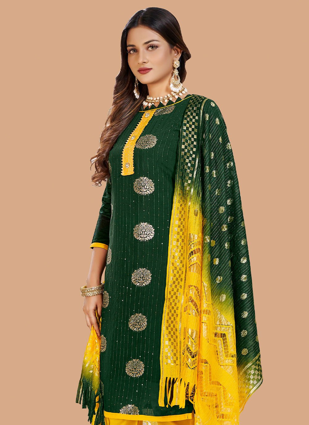 Salwar Suit Banarasi Silk Green Yellow Booti Salwar Kameez