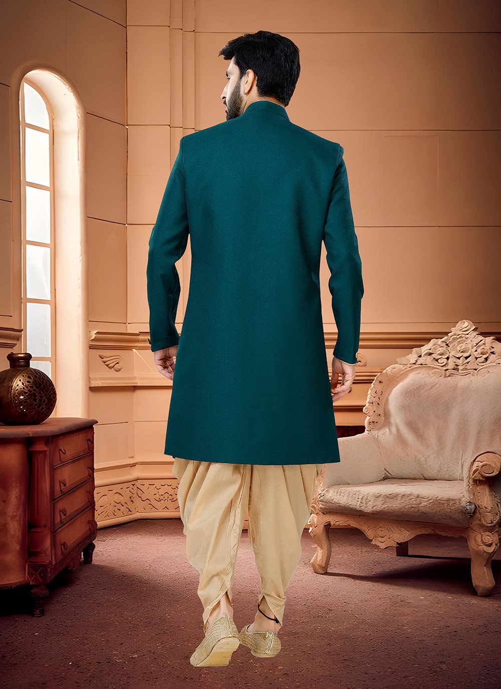 Indo Western Sherwani Fancy Fabric Green Buttons Mens