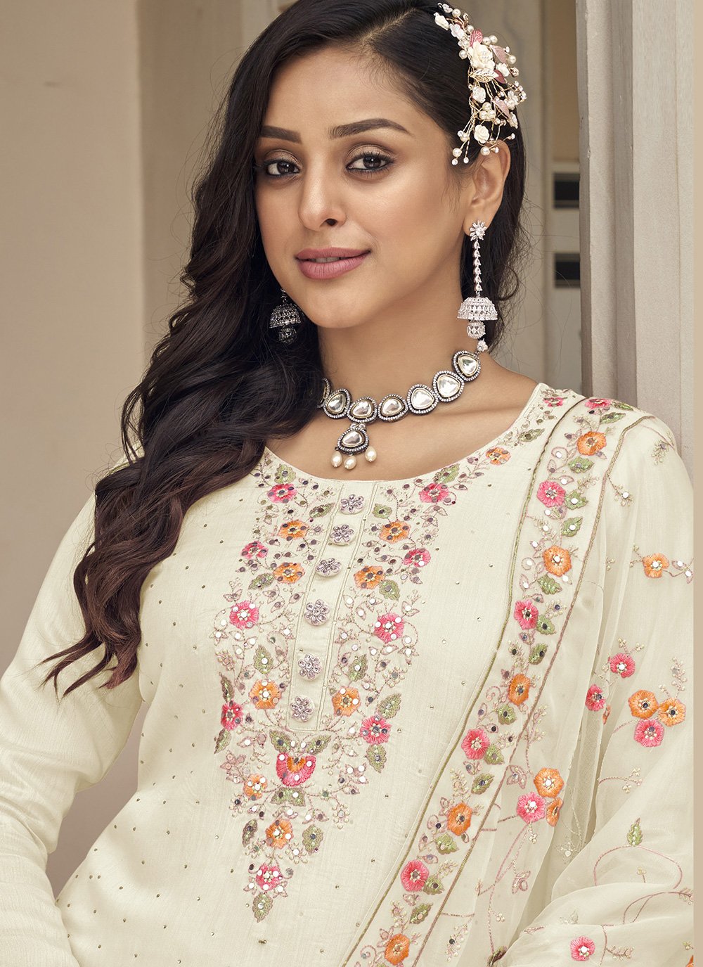 Straight Salwar Suit Faux Georgette Cream Buttons Salwar Kameez