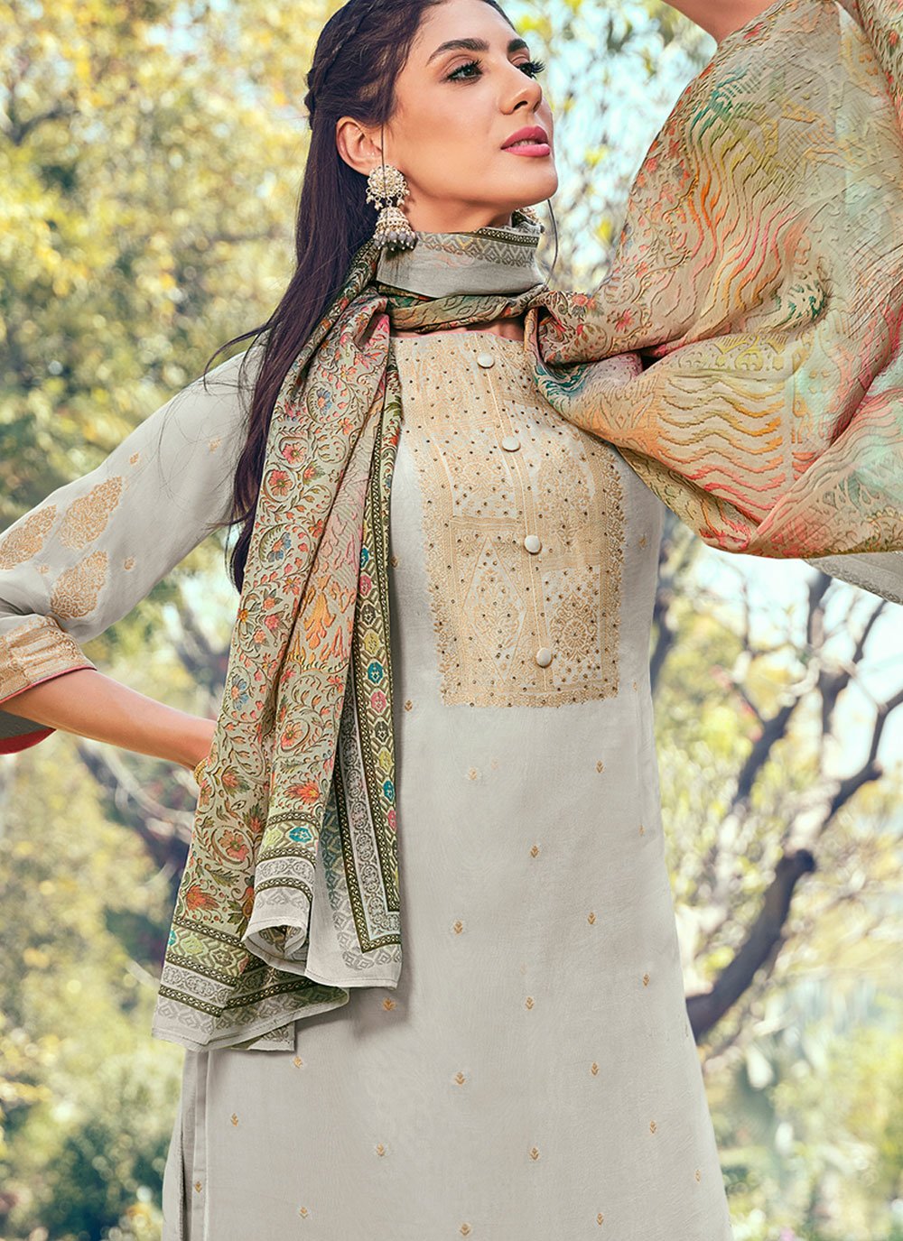 Straight Salwar Suit Pure Silk Grey Buttons Salwar Kameez