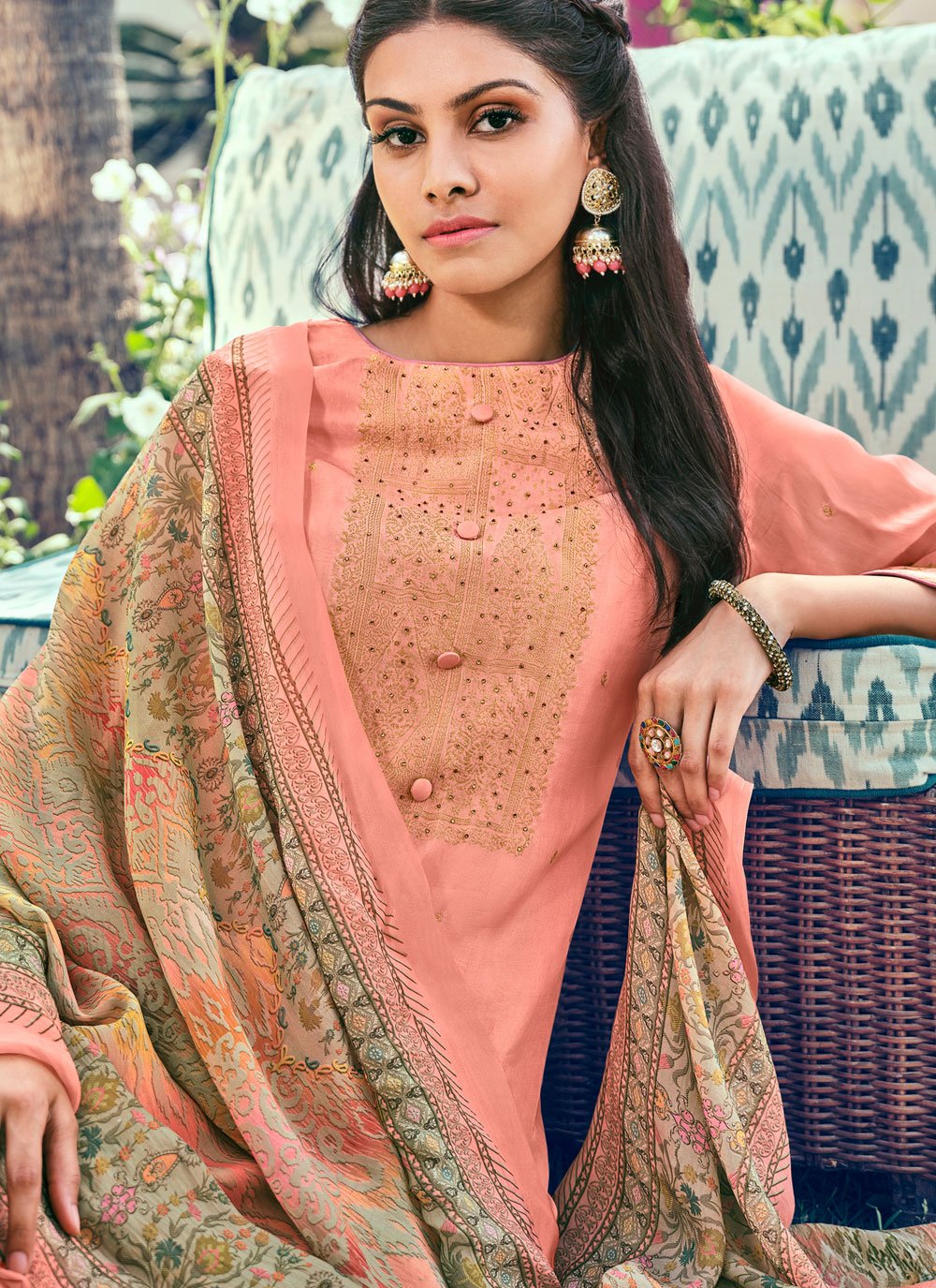 Salwar Suit Pure Silk Peach Buttons Salwar Kameez
