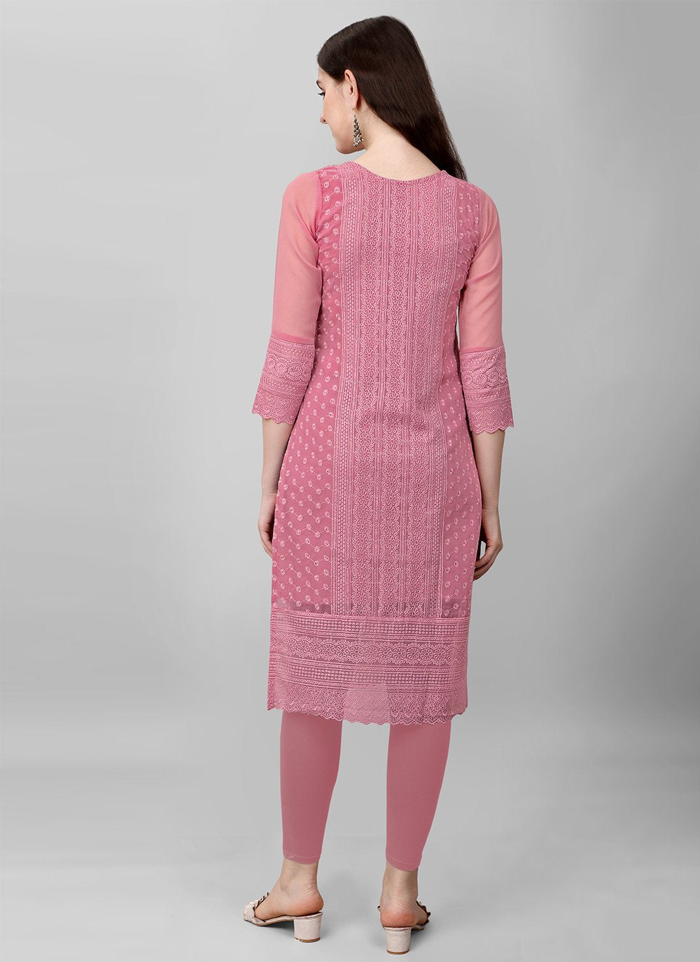 Casual Kurti Faux Georgette Pink Chikankari Work Kurtis