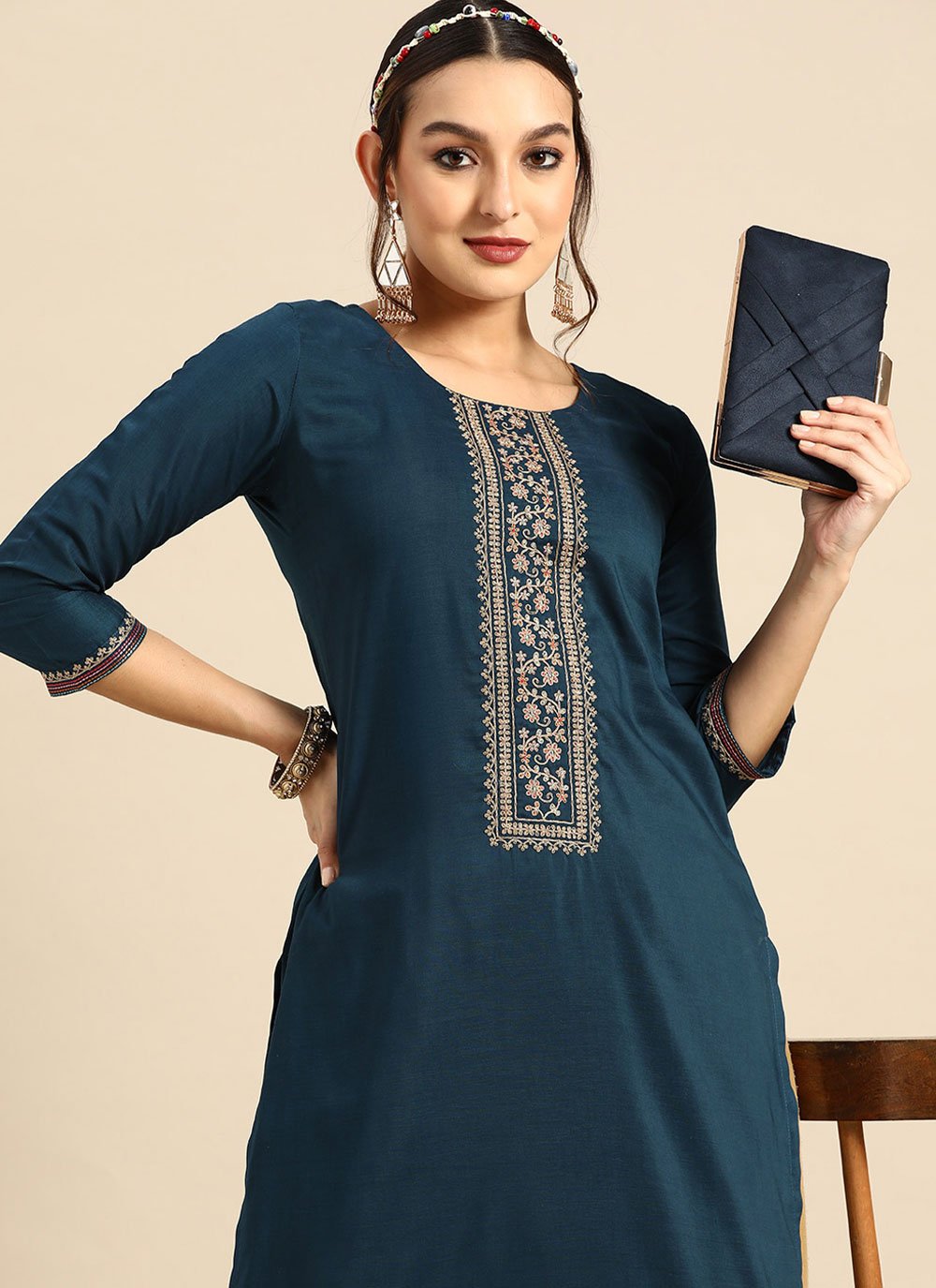 Casual Kurti Chinon Blue Embroidered Kurtis