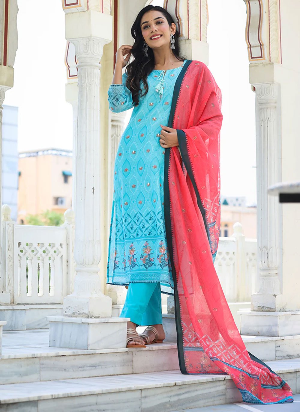 Straight Salwar Suit Chanderi Blue Embroidered Salwar Kameez