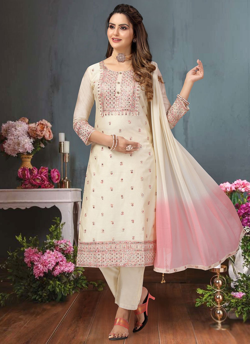Salwar Suit Chanderi Off White Embroidered Salwar Kameez