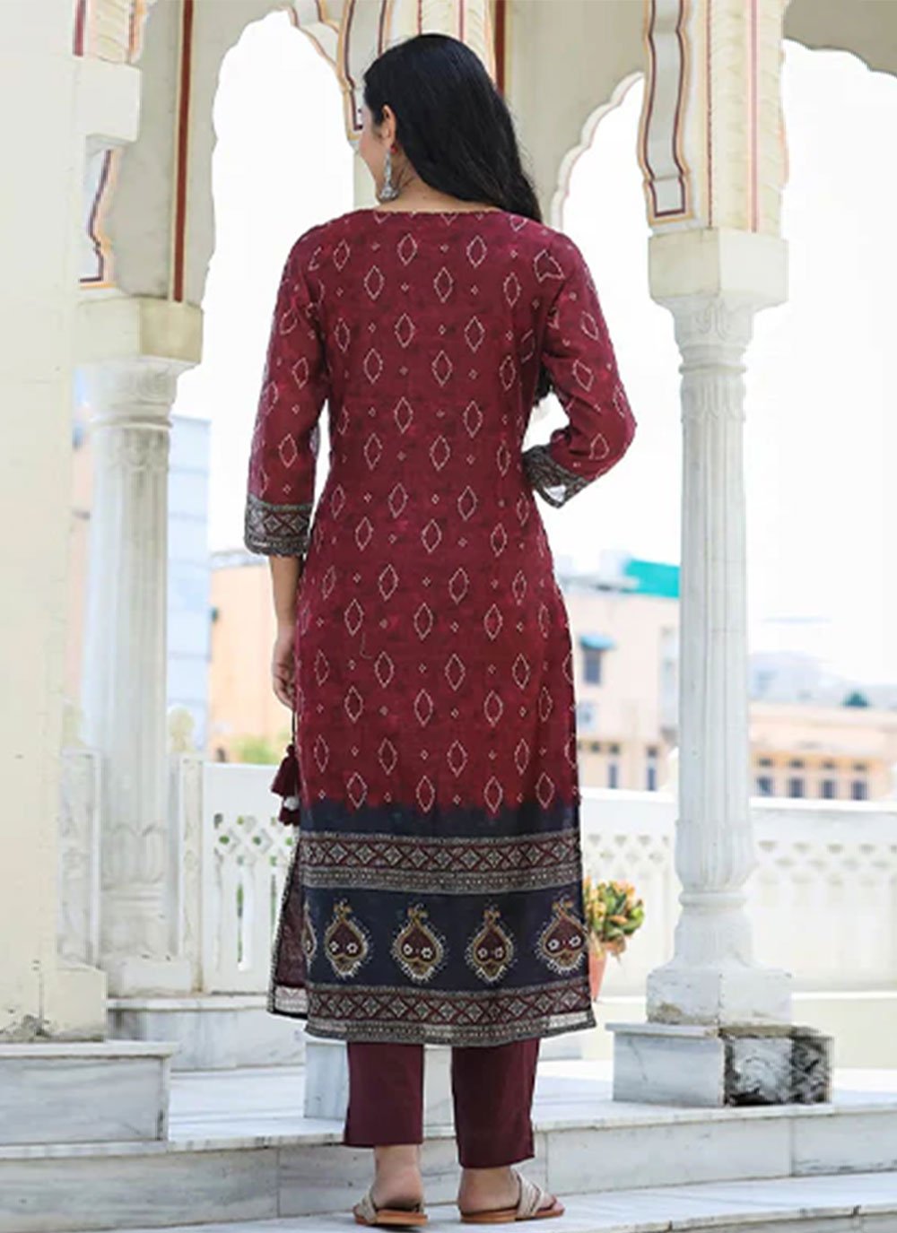Pant Style Suit Chanderi Maroon Print Salwar Kameez