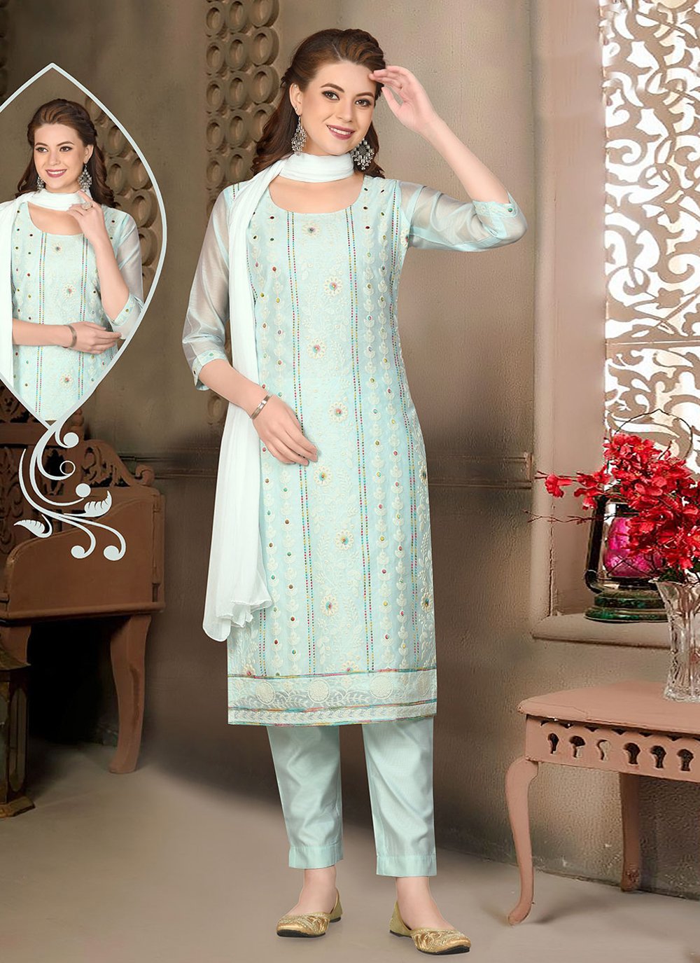Salwar Suit Chanderi Sea Green Embroidered Salwar Kameez