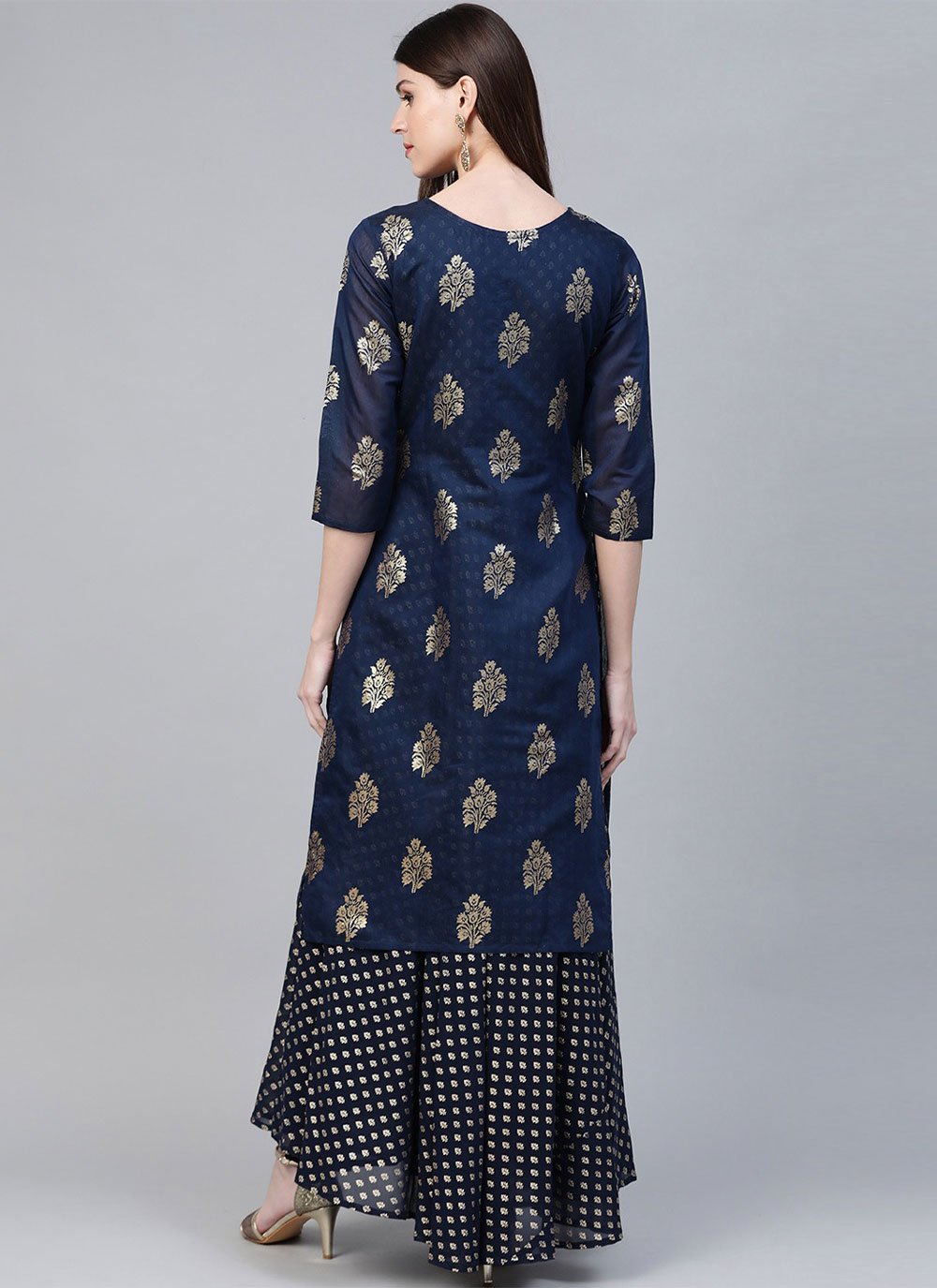 Designer Kurti Chanderi Silk Blue Foil Print Kurtis
