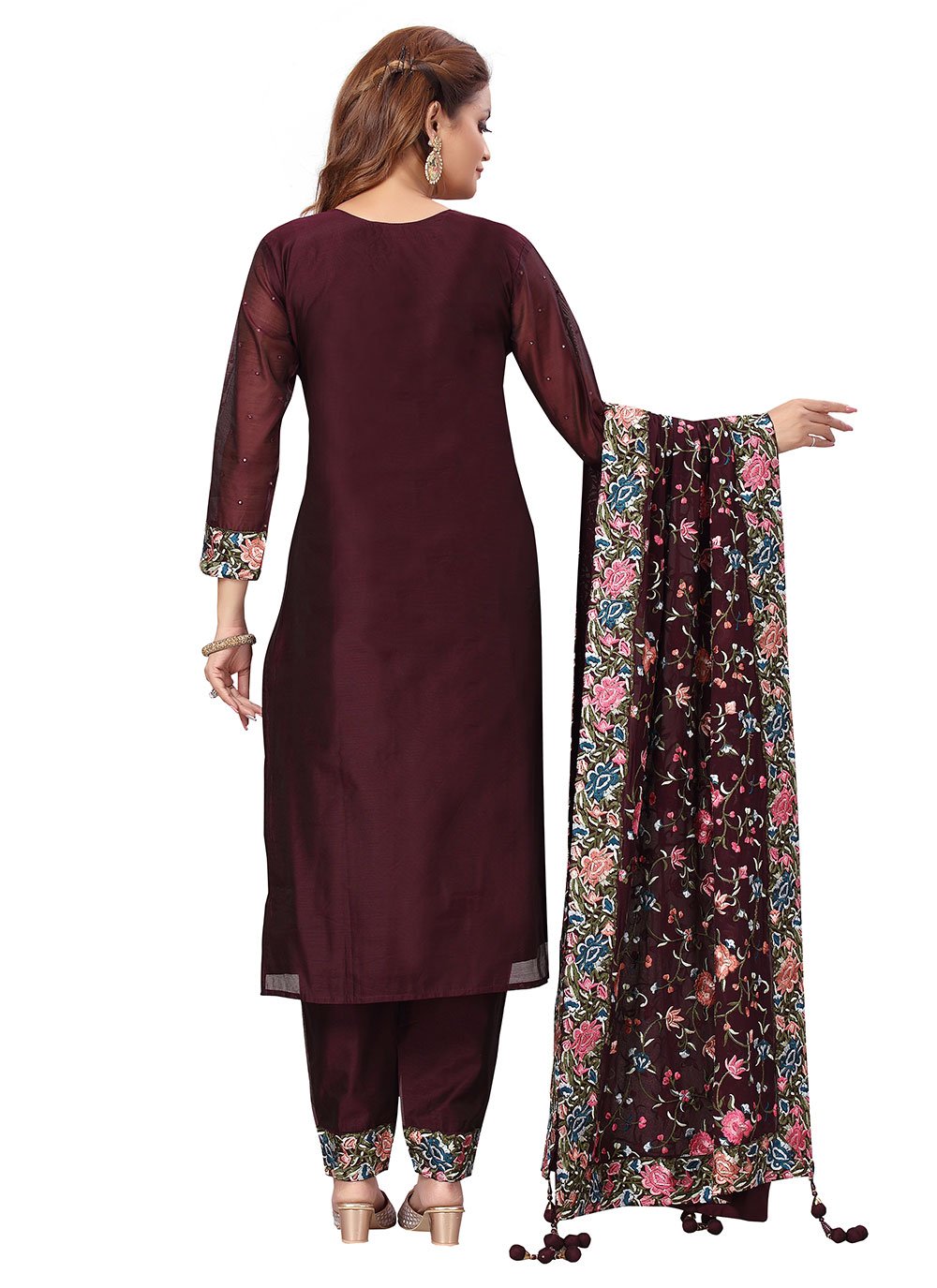 Salwar Suit Chanderi Wine Embroidered Salwar Kameez