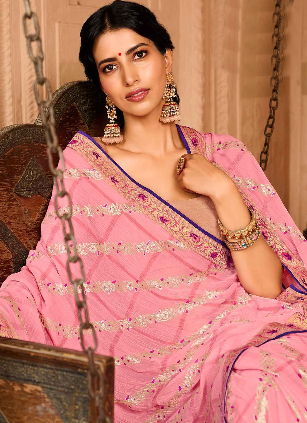 Contemporary Chiffon Pink Foil Print Saree