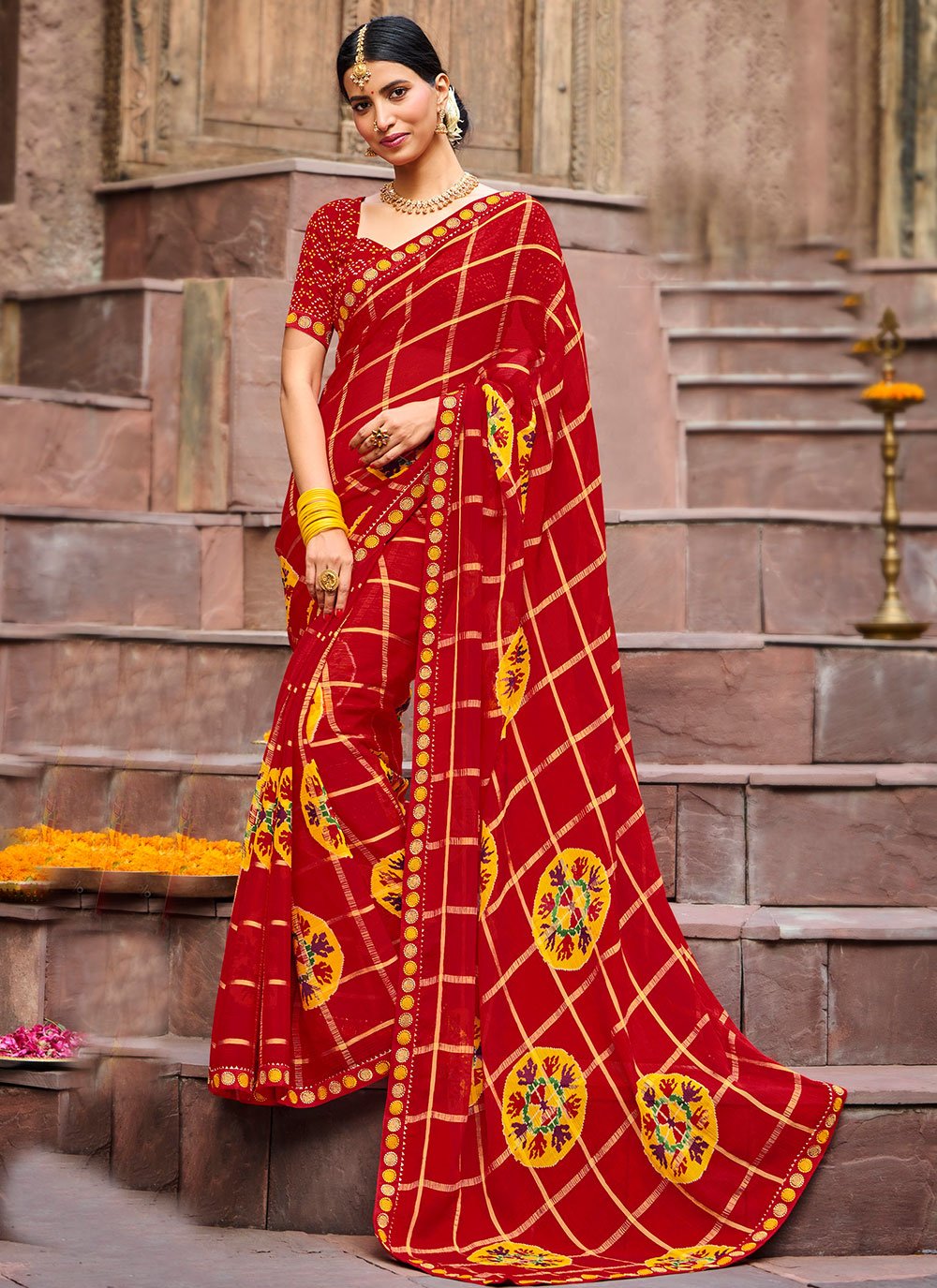 Contemporary Chiffon Red Patch Border Saree