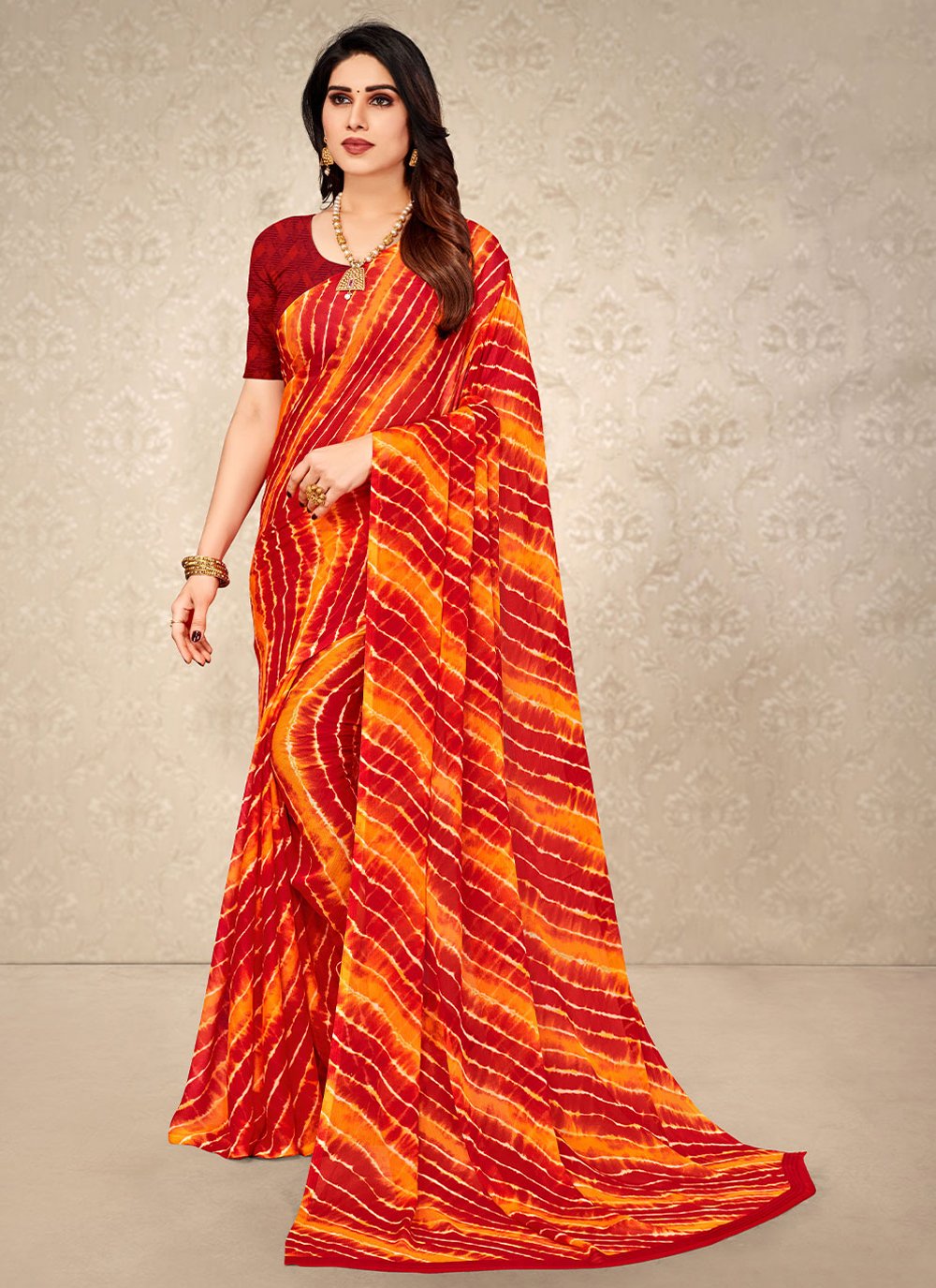 Classic Chiffon Red Print Saree