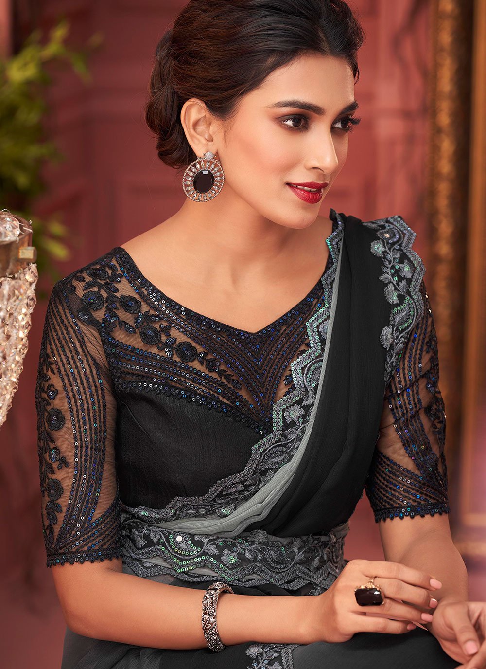 Contemporary Chiffon Black Grey Lace Saree