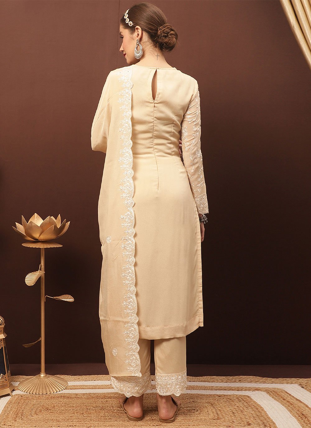 Pakistani Salwar Suit Chiffon Chinon Cream Crystals Salwar Kameez