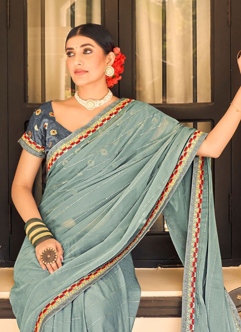 Classic Chiffon Grey Embroidered Saree