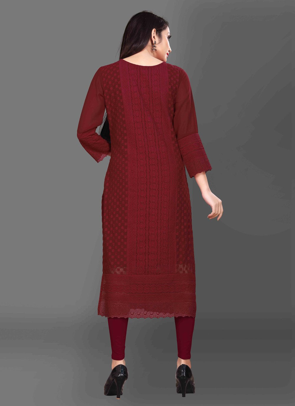 Designer Kurti Chiffon Georgette Maroon Embroidered Kurtis