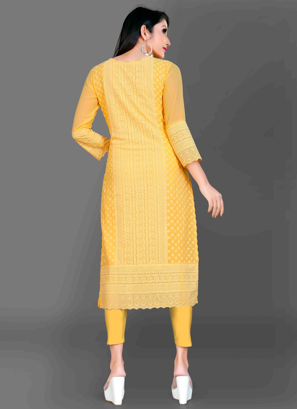 Designer Kurti Chiffon Georgette Yellow Embroidered Kurtis