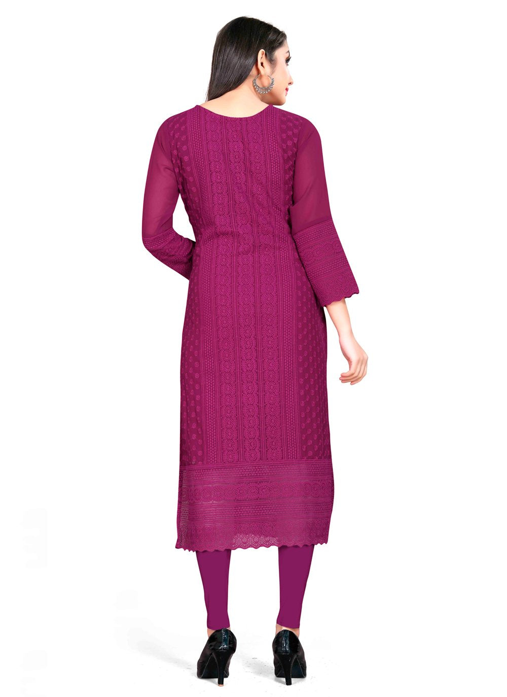 Designer Kurti Chiffon Georgette Wine Embroidered Kurtis