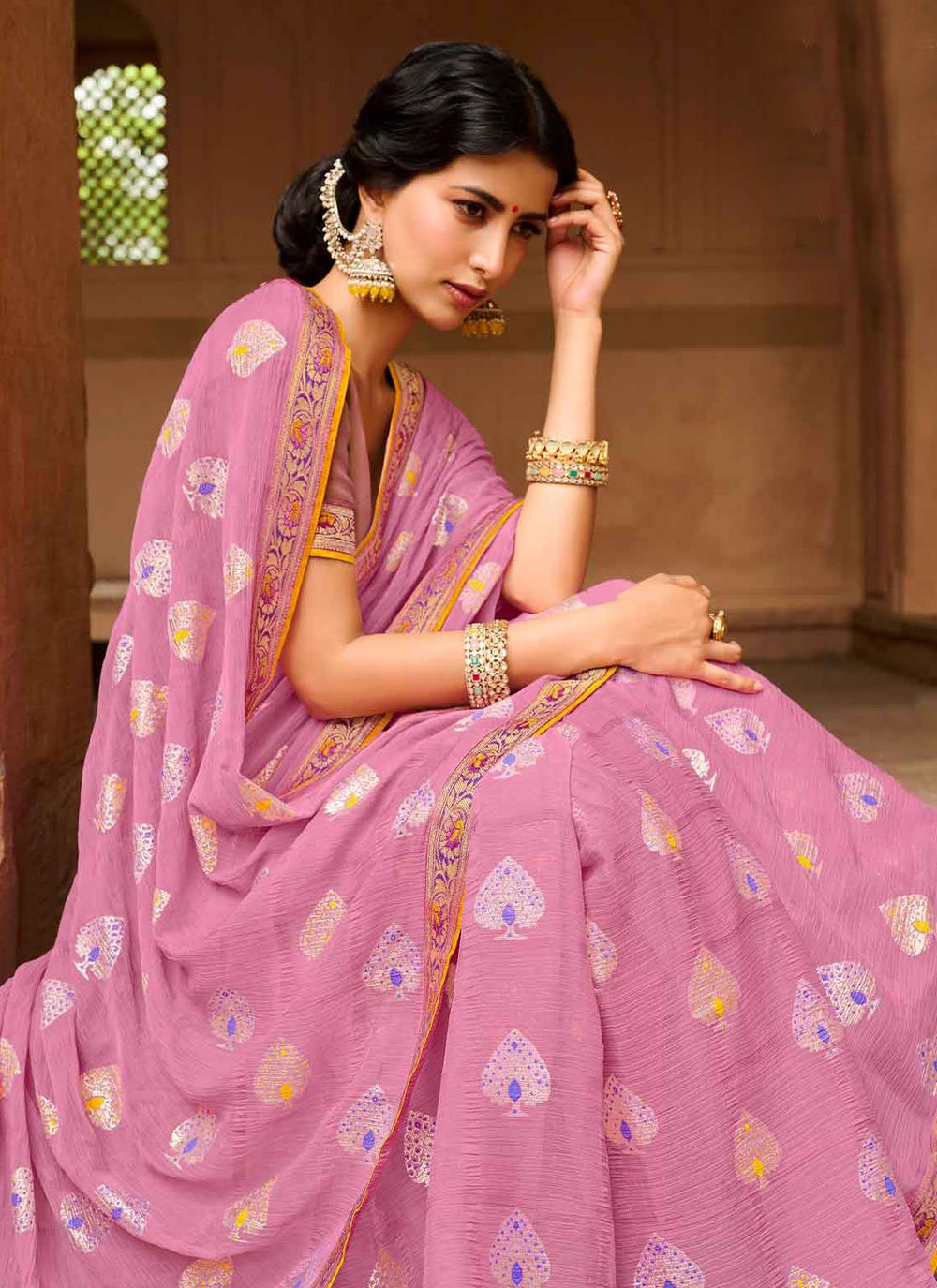 Trendy Saree Chiffon Pink Foil Print Saree