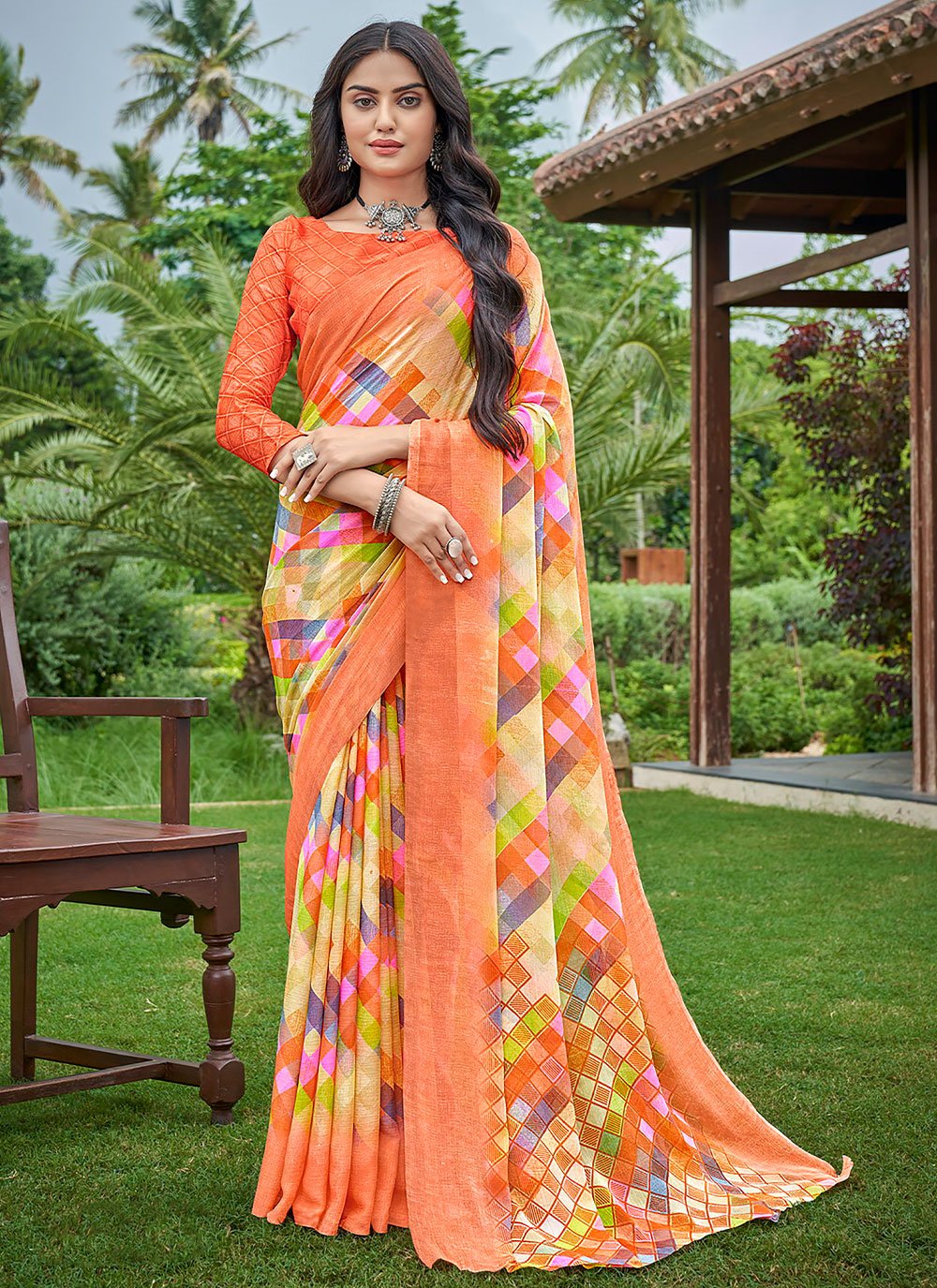 Classic Chiffon Orange Print Saree