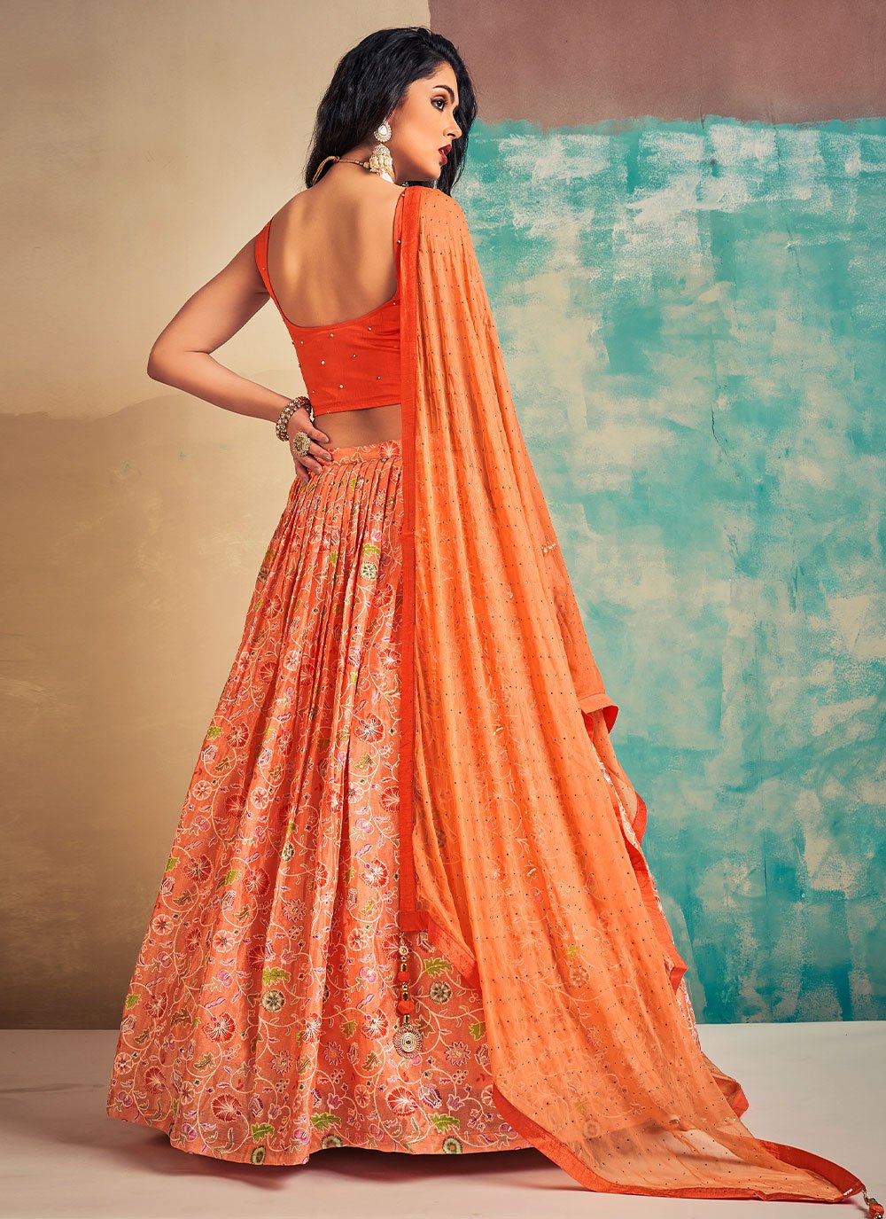 A Line Lehenga Chiffon Orange Hand Work Lehenga Choli