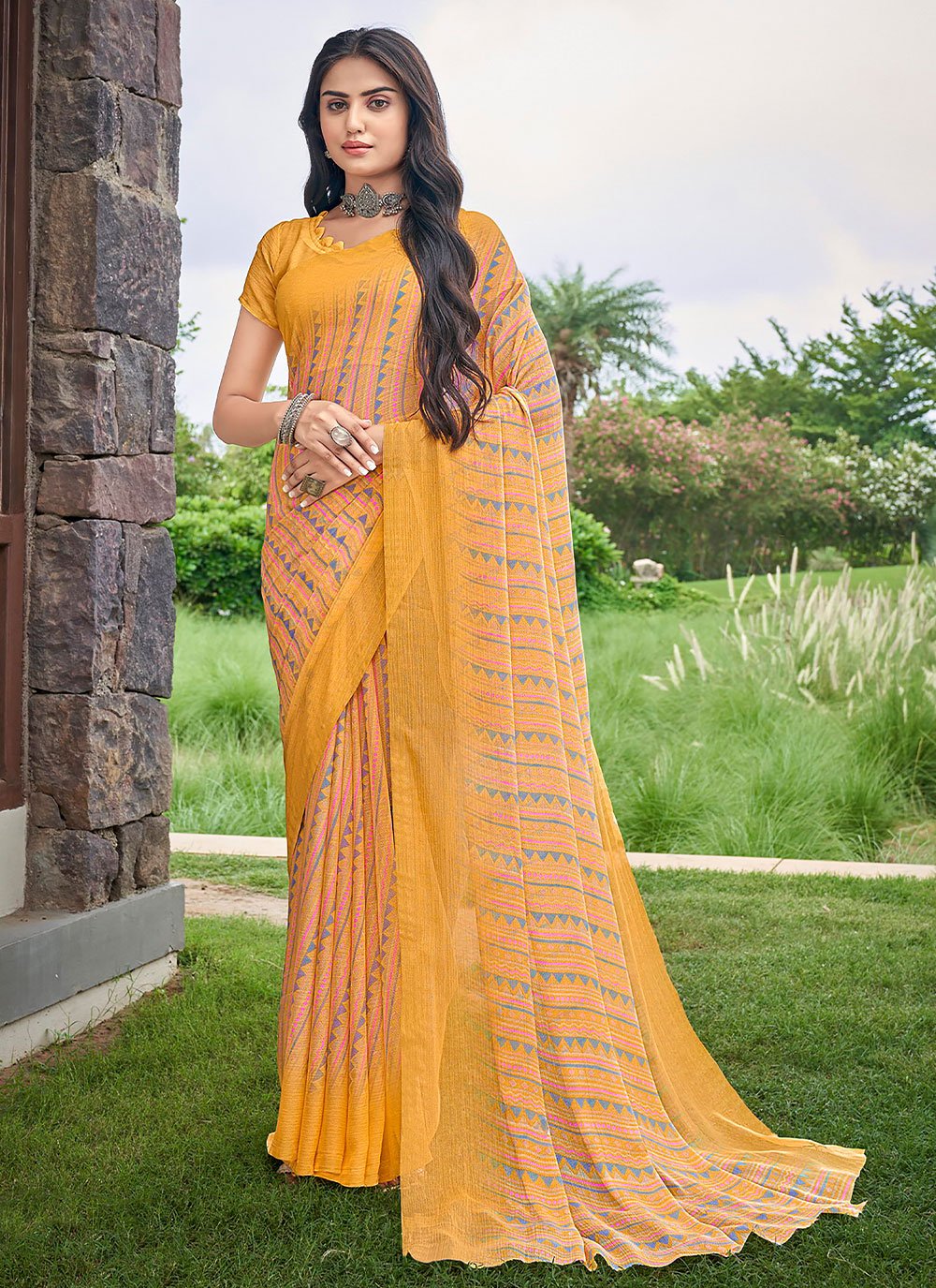 Classic Chiffon Yellow Print Saree