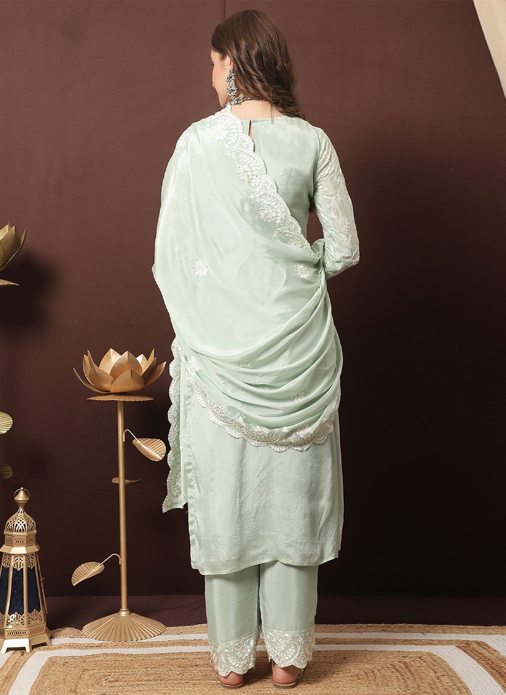Salwar Suit Chiffon Chinon Sea Green Crystals Salwar Kameez