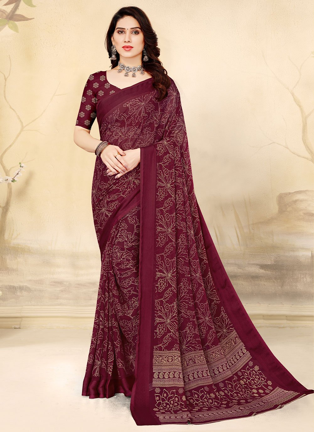 Trendy Saree Chiffon Magenta Print Saree