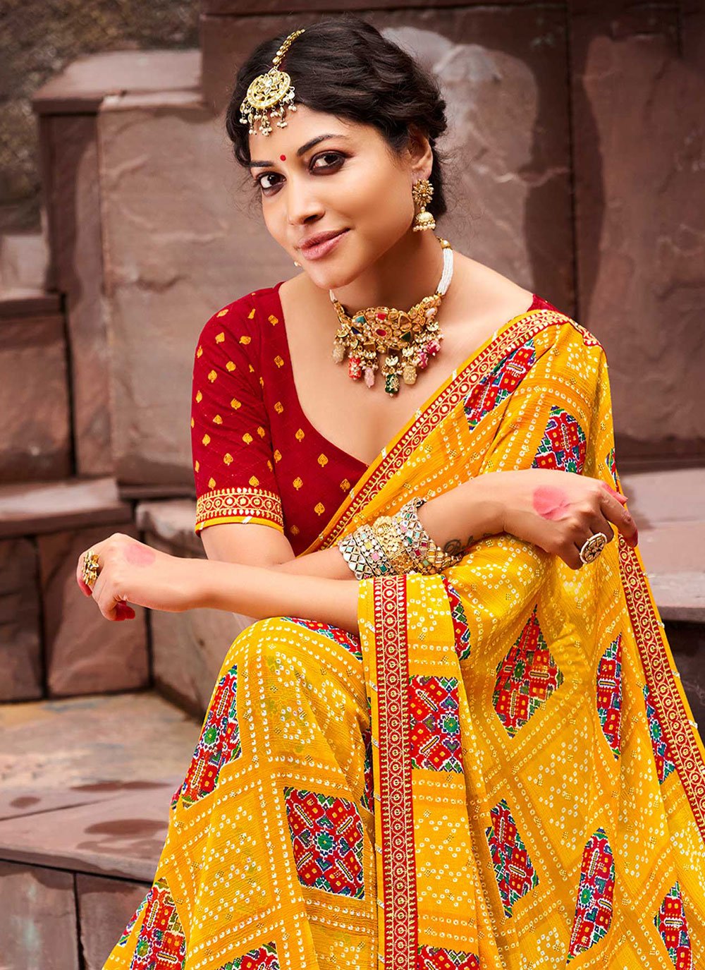 Classic Chiffon Yellow Bandhej Saree