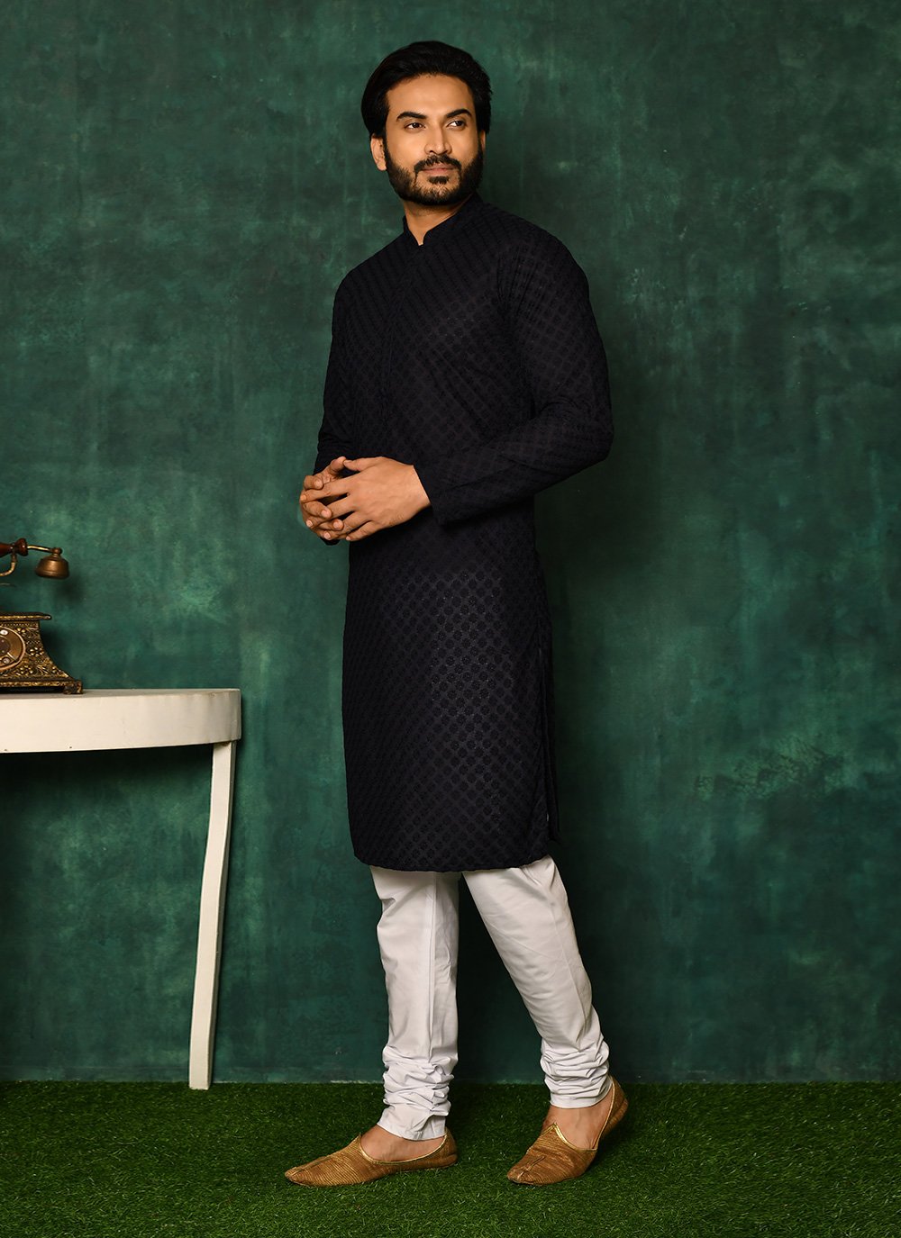 Kurta Pyjama Cotton Blue Chikankari Work Mens
