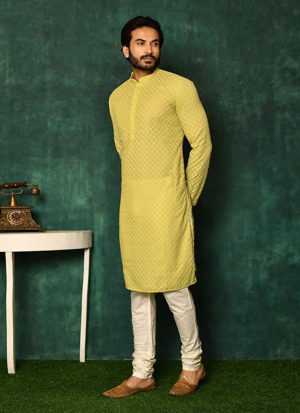 Kurta Pyjama Cotton Yellow Chikankari Work Mens