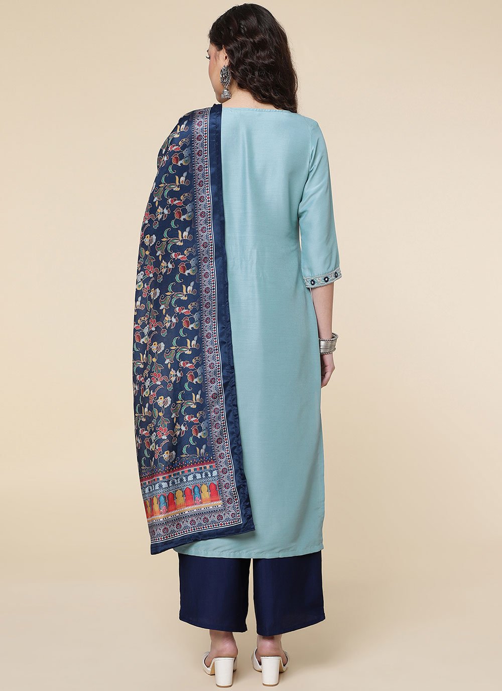 Palazzo Salwar Suit Chinon Aqua Blue Embroidered Salwar Kameez