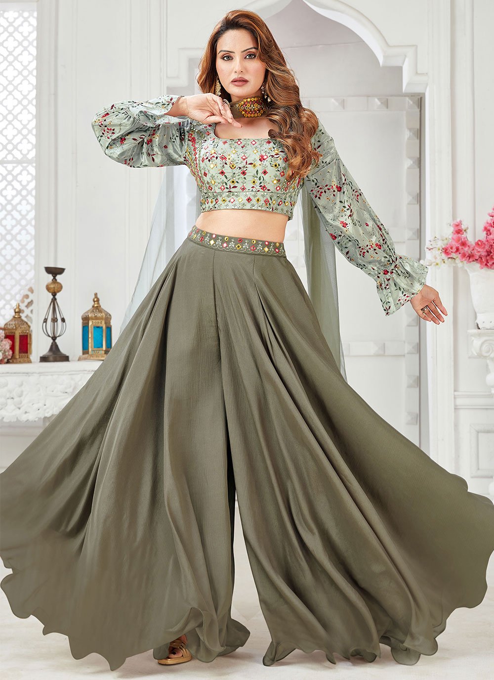 Palazzo Salwar Suit Chinon Grey Embroidered Salwar Kameez
