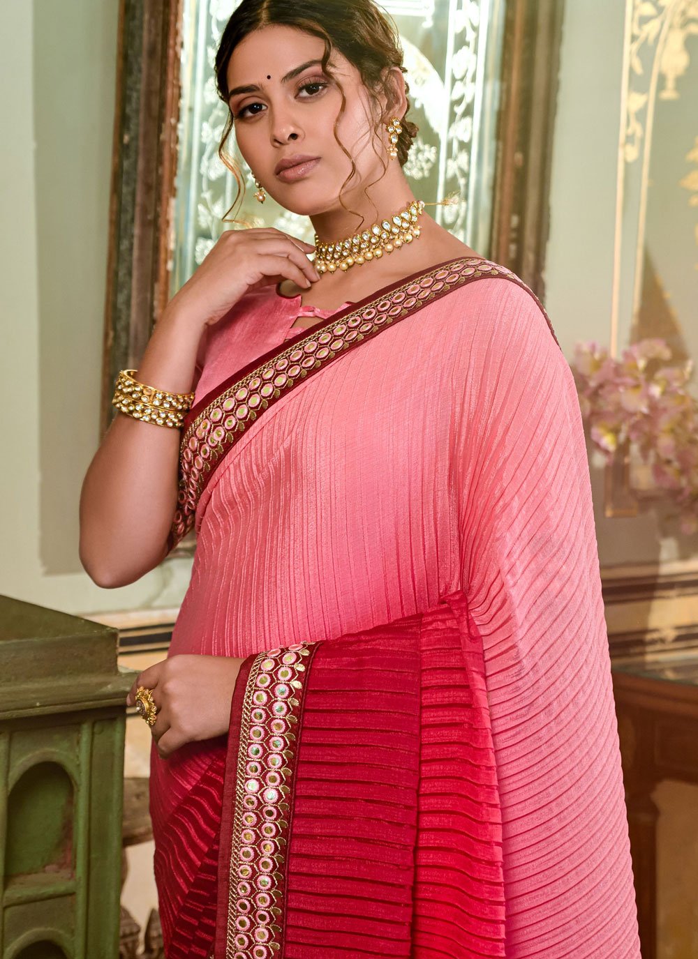 Classic Chinon Pink Embroidered Saree