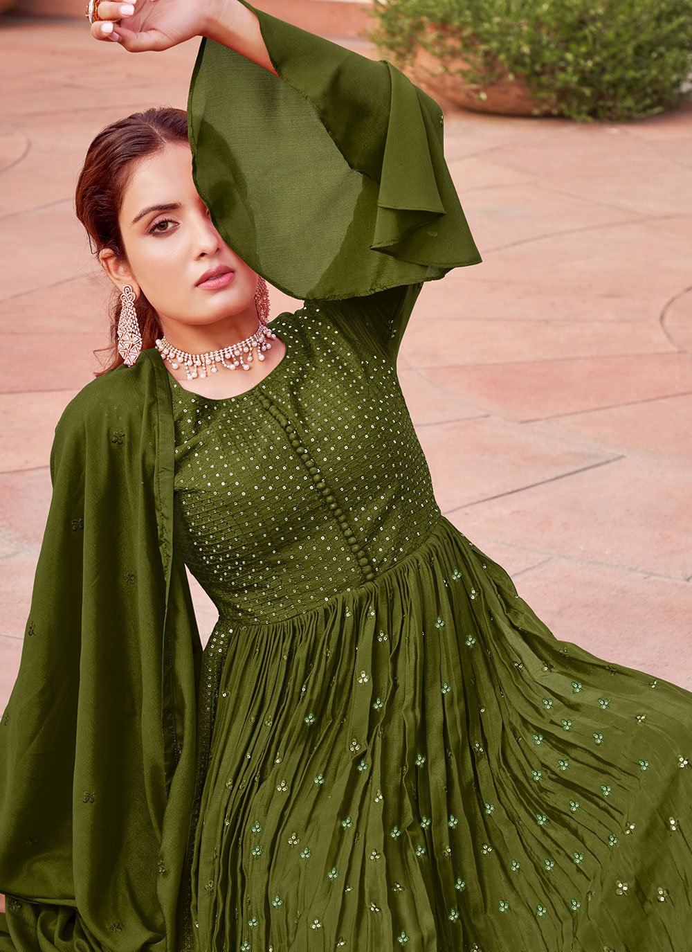 Salwar Suit Chinon Green Embroidered Salwar Kameez