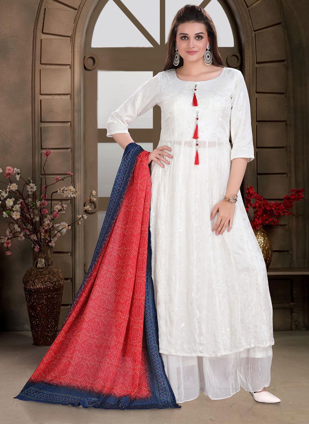 Salwar Suit Chinon White Embroidered Salwar Kameez