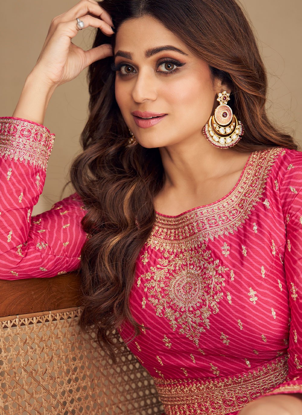 Gown Chinon Silk Pink Embroidered Gown