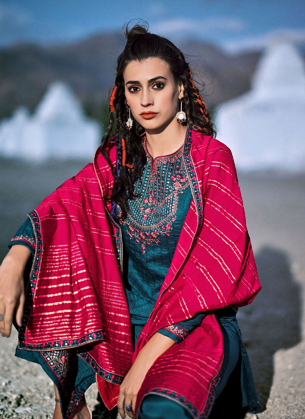 Pant Style Suit Chinon Teal Embroidered Salwar Kameez