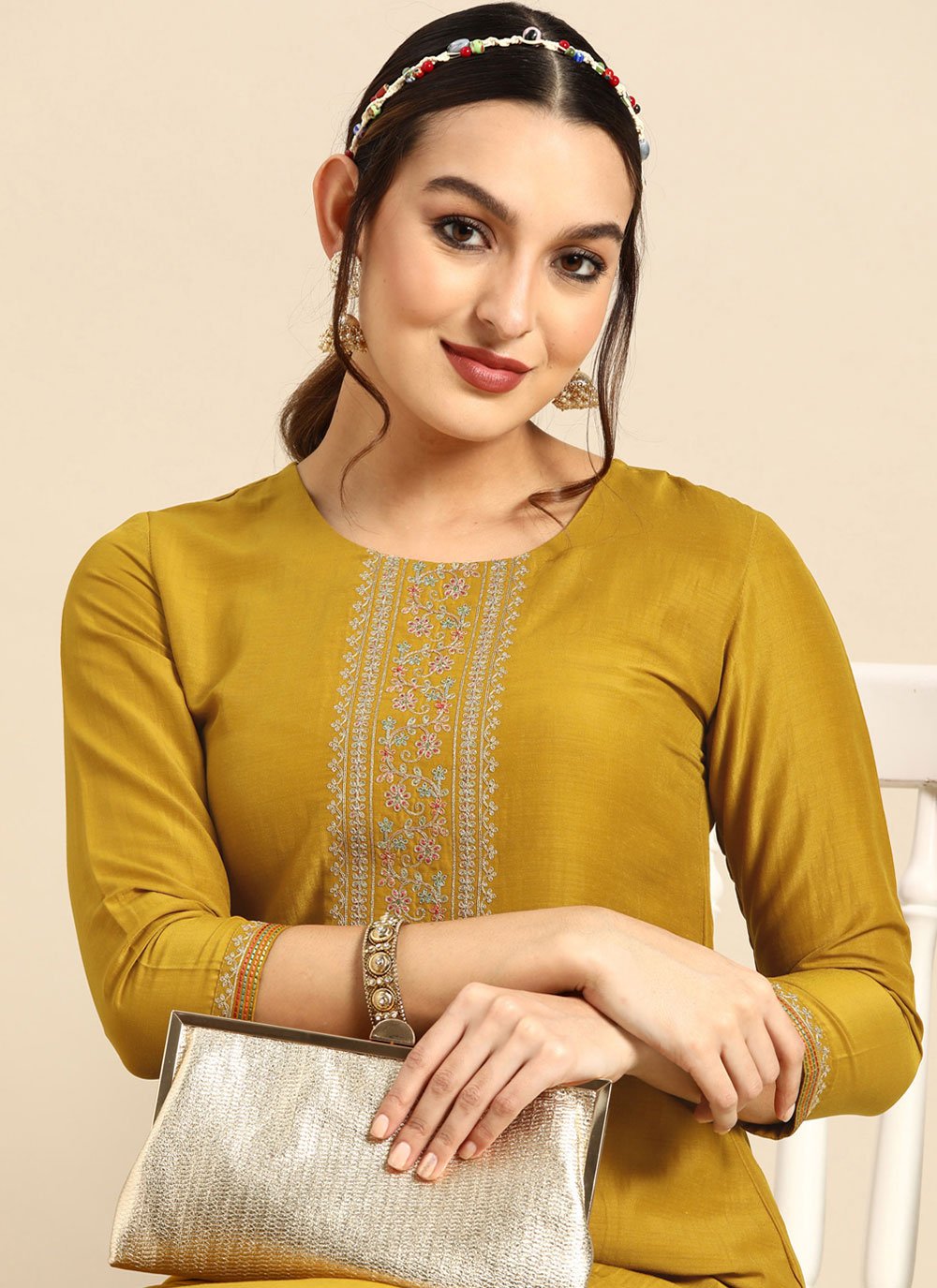 Party Wear Kurti Chinon Mustard Embroidered Kurtis